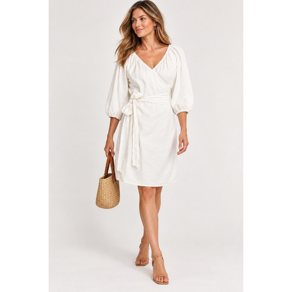 Banana Republic Womens Wrap Dress Size M White Linen Blend Puff Sleeve Coastal